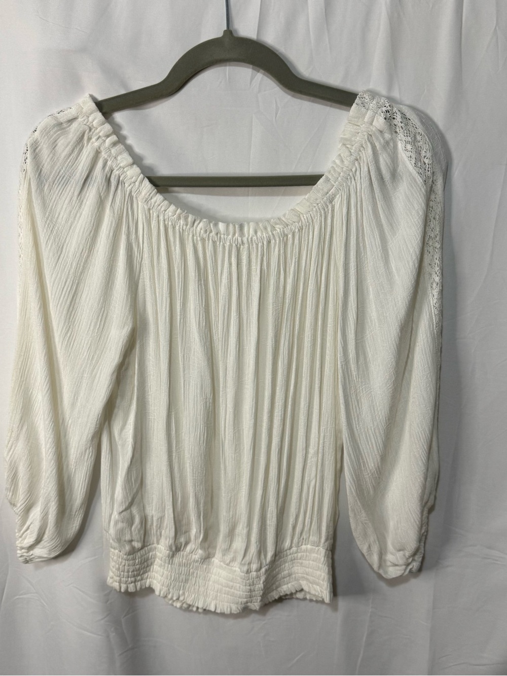 Aeropostale Off-Shoulder White Peasant Top with Lace Trim